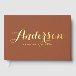Bold Modern Calligraphy Terracotta Photo Wedding Guest Book