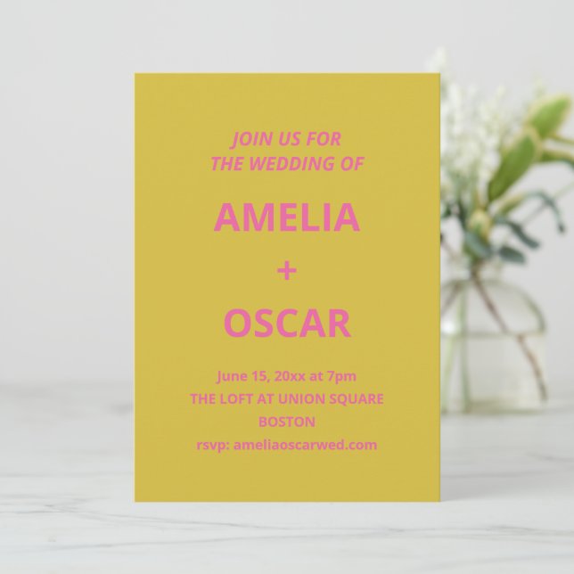 Bold Modern Chartreuse Pink Yellow Wedding Invitation (Standing Front)