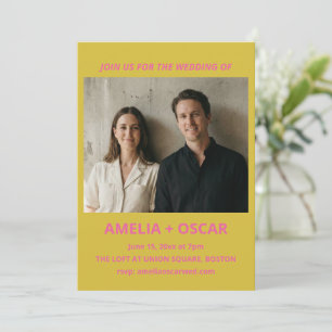 Bold Modern Chartreuse Pink Yellow Wedding Photo Invitation