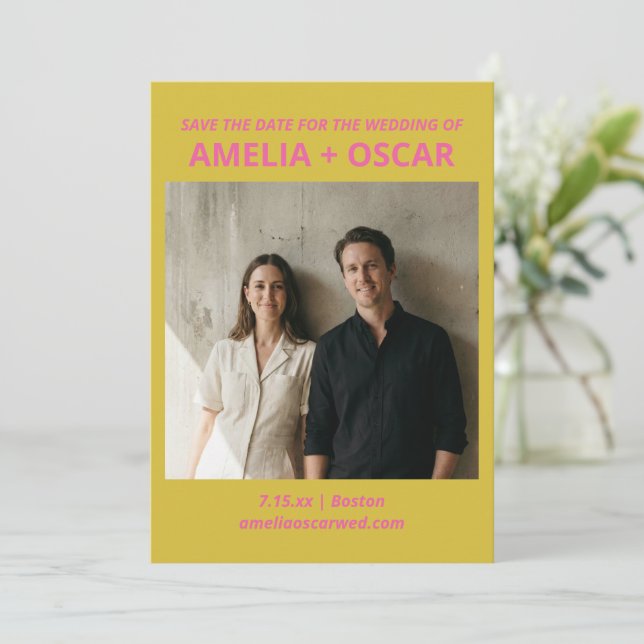 Bold Modern Chartreuse Pink Yellow Wedding Photo  Save The Date (Standing Front)