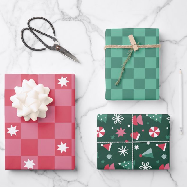 Bold Modern Chequered Christmas  Wrapping Paper Sheet (Front)
