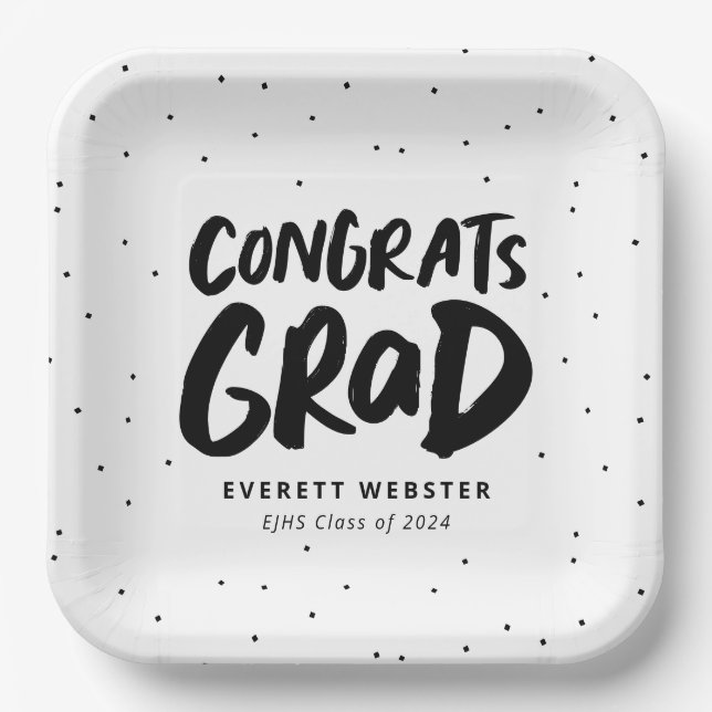 Bold modern congrats grad black graduation party paper plate (Front)