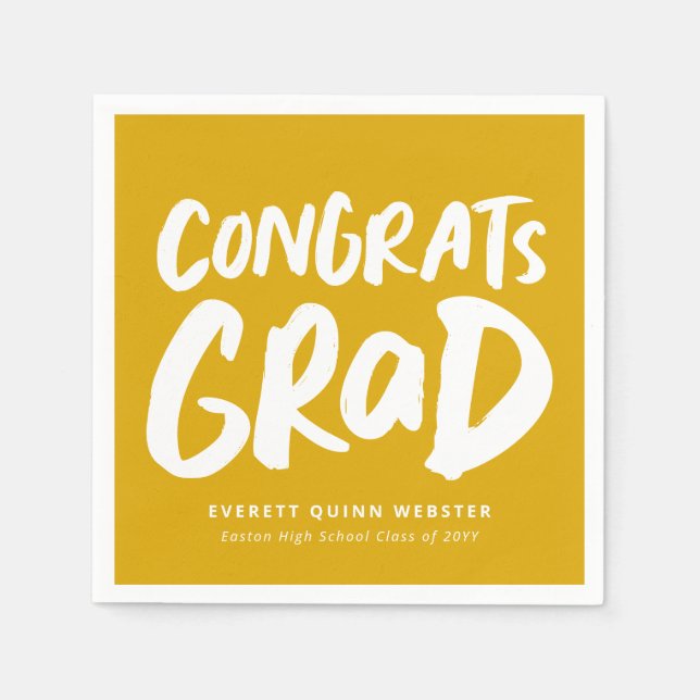 Bold modern congrats grad golden yellow graduation napkin (Front)