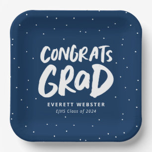 Bold modern congrats grad navy blue graduation paper plate