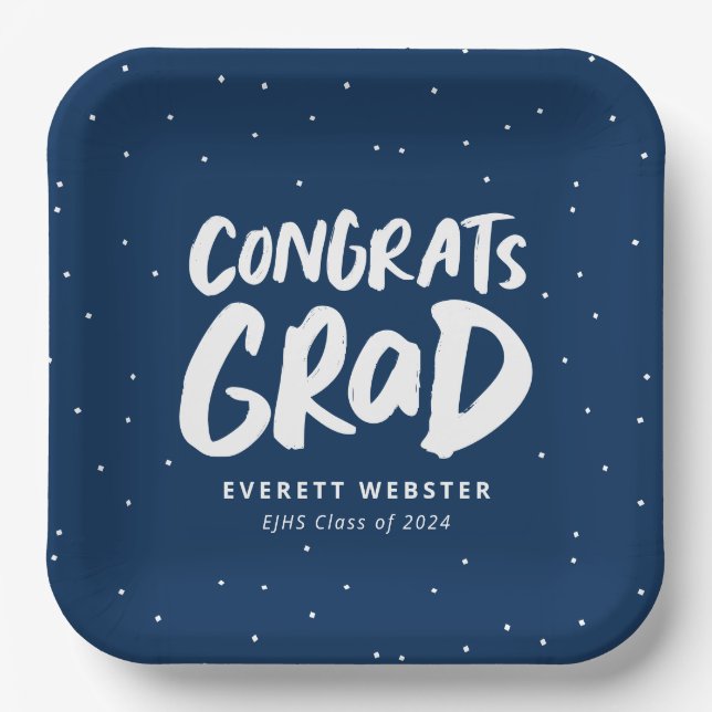Bold modern congrats grad navy blue graduation paper plate (Front)