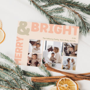 Bold Modern Coral Merry And Bright Five Photo Holiday Card