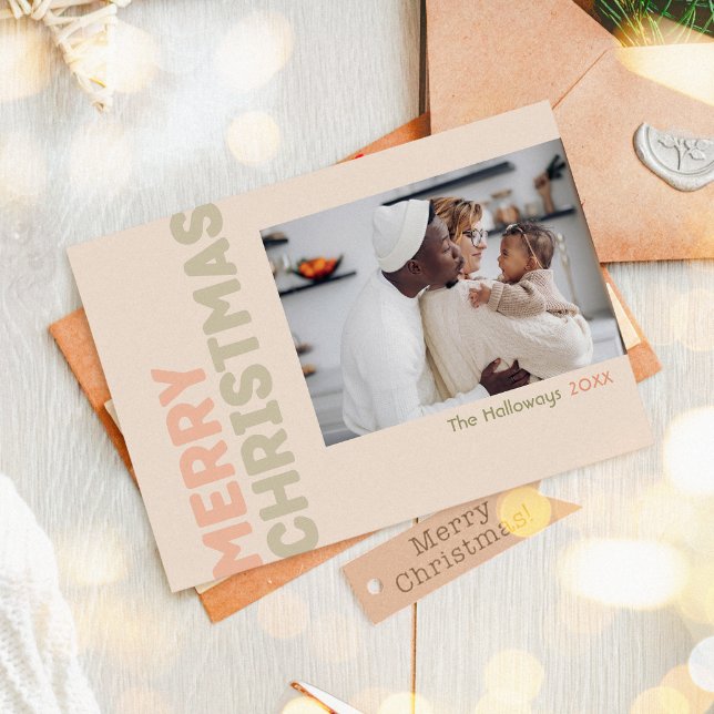 Bold Modern Coral Merry Christmas Four Photo Holiday Card (Creator Uploaded)