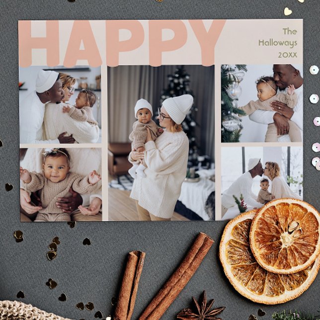 Bold Modern Coral Year In Review Eight Photo Happy Holiday Card (Creator Uploaded)