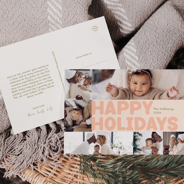 Bold Modern Coral Year In Review Six-Photo Happy Holiday Postcard (Creator Uploaded)