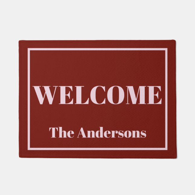 Bold Modern Cranberry and Pink Personalised Doormat (Front)