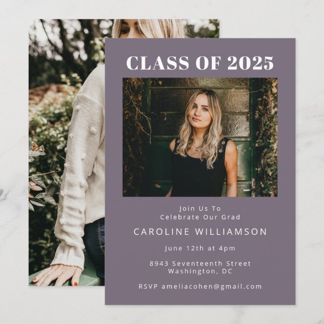 Bold Modern Dark Purple Two Photo Graduation Party Invitation (Front/Back)