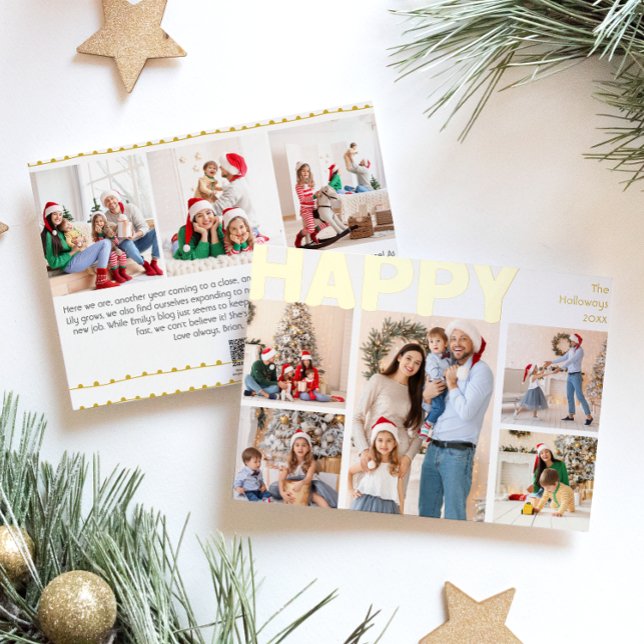 Bold Modern Eight-Photo Happy Gold Foil Holiday Card (Creator Uploaded)