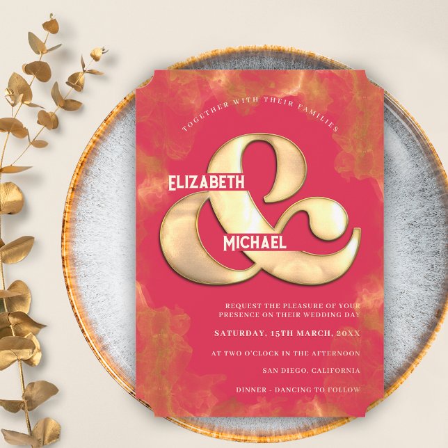 Bold Modern Elegant Gold And Pink Magenta Wedding Invitation (Front)