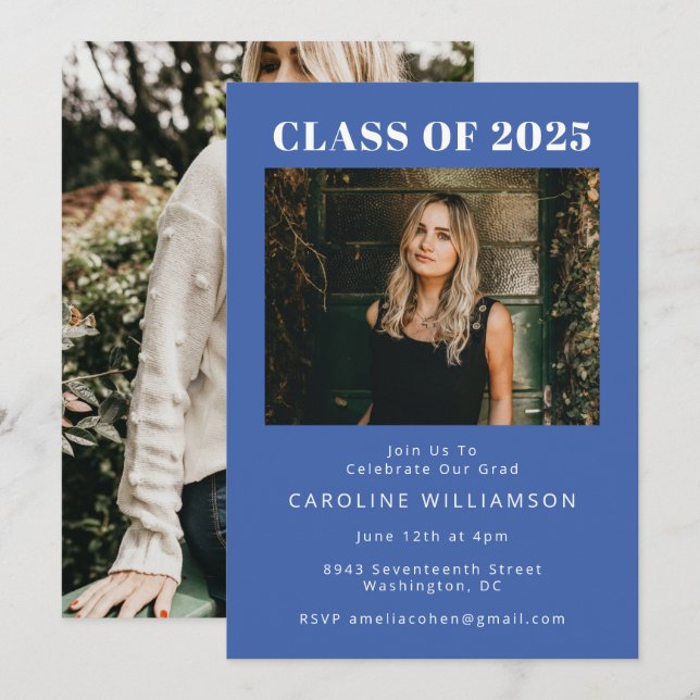 Bold Modern French Blue Two Photo Graduation Party Invitation (Front/Back)