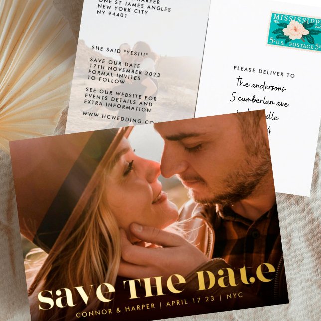 Bold Modern Gold Text Photo Save The Date Postcard (Creator Uploaded)