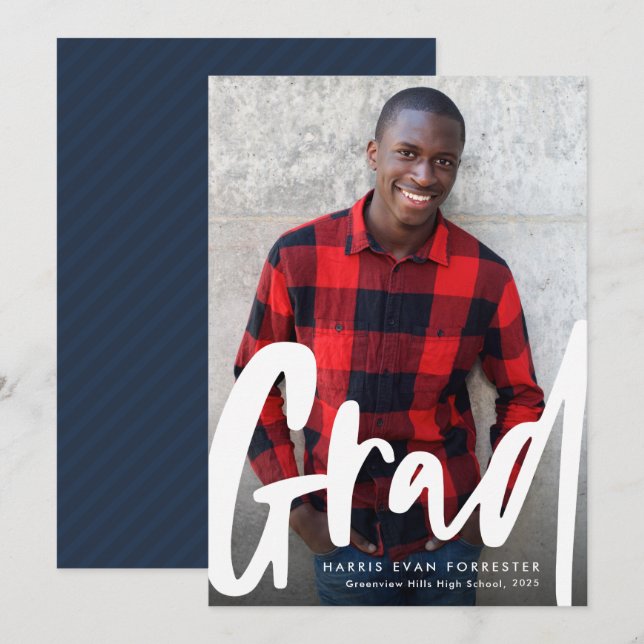 Bold modern grad navy graduation announcement (Front/Back)