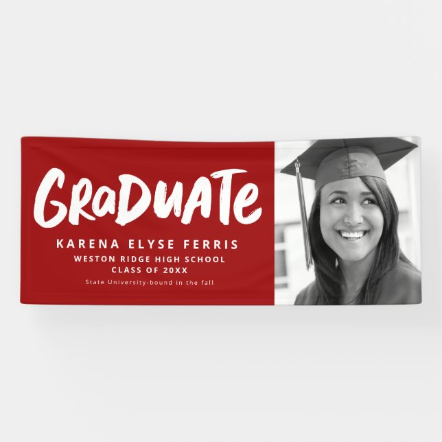 Bold modern graduate one photo crimson graduation banner (Horizontal)