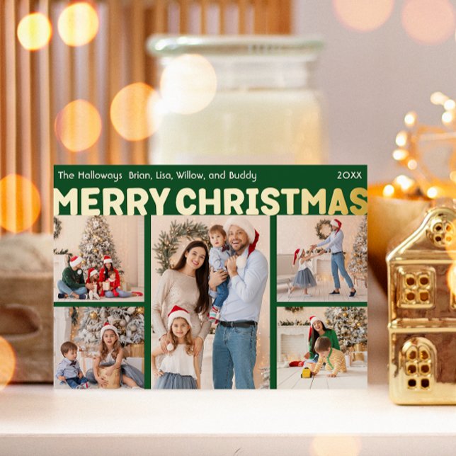 Bold Modern Green Five-Photo Merry Christmas Gold Foil Holiday Card (Creator Uploaded)