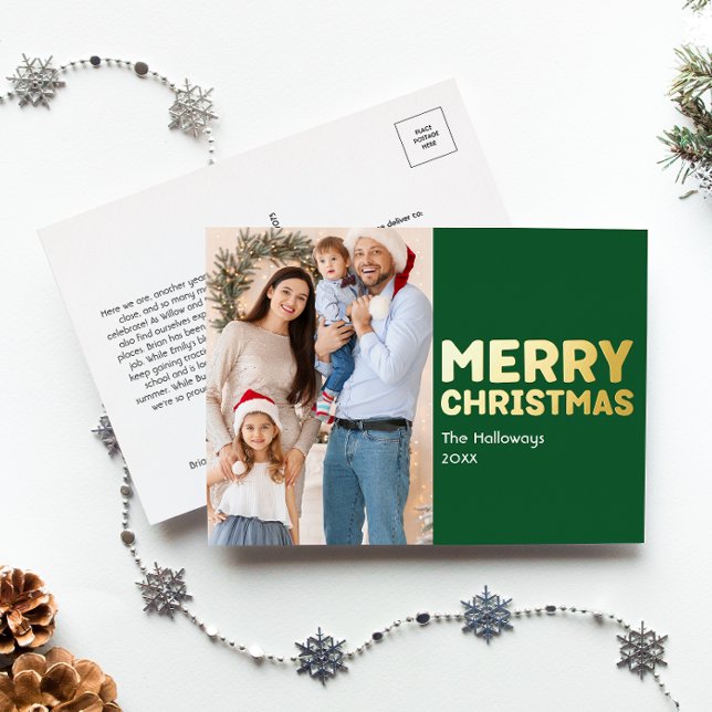 Bold Modern Green Photo Merry Christmas Gold  Foil Holiday Postcard (Creator Uploaded)