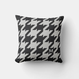 Bold modern grey black houndstooth with monogram cushion
