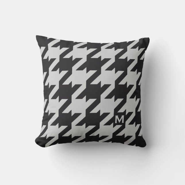 Bold modern grey black houndstooth with monogram cushion (Front)
