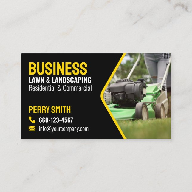 Bold & Modern Lawn & Landscaping - Black & Yellow  Business Card (Front)