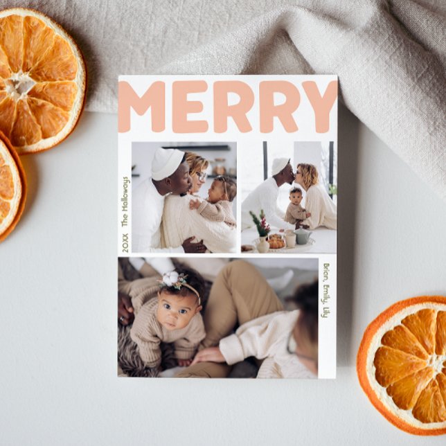 Bold Modern Merry Year In Review Vertical 3 Photo Holiday Card (Creator Uploaded)