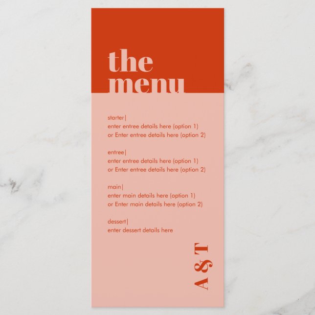 Bold Modern Minimal Orange Pink Wedding Long Menu (Front)
