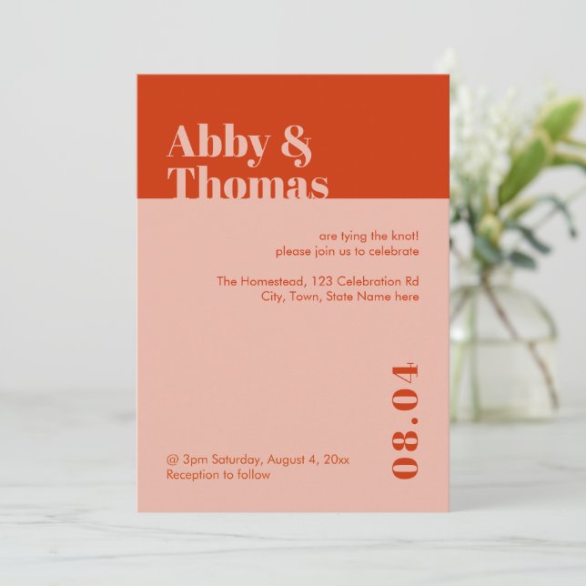 Bold Modern Minimal Typography Orange Pink Wedding Invitation (Standing Front)