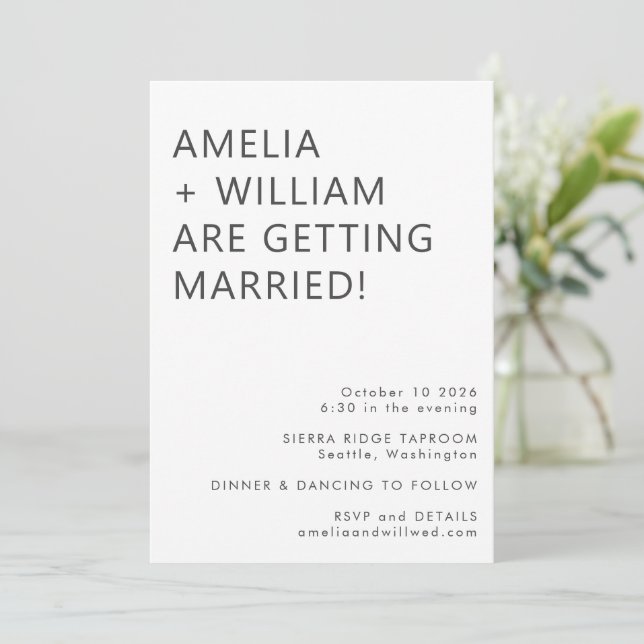 Bold Modern Minimalist Black White Classic Wedding Invitation (Standing Front)