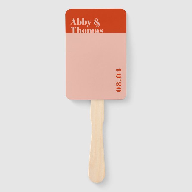 Bold Modern Minimalist Orange Pink Wedding Program Hand Fan (Front)