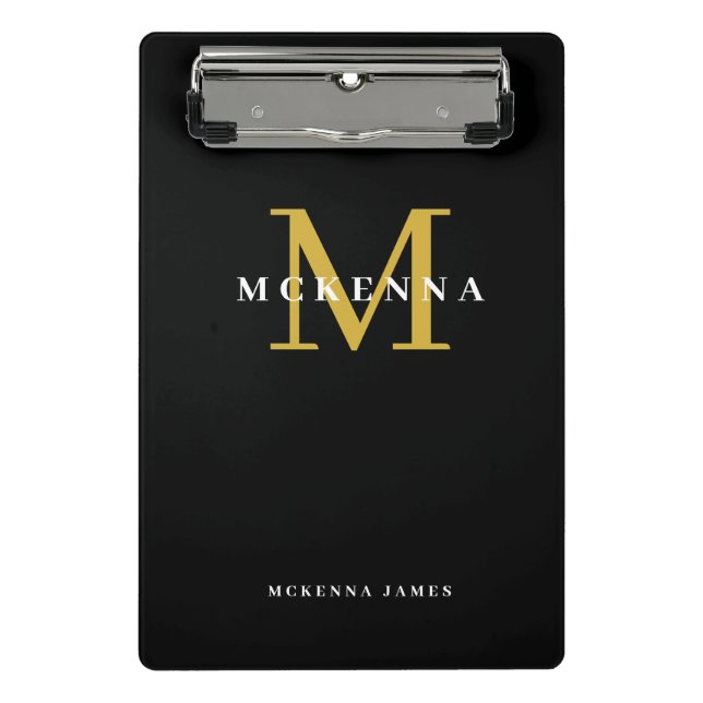 Bold Modern Monogram Black Gold Initial Name Mini Clipboard (Front)