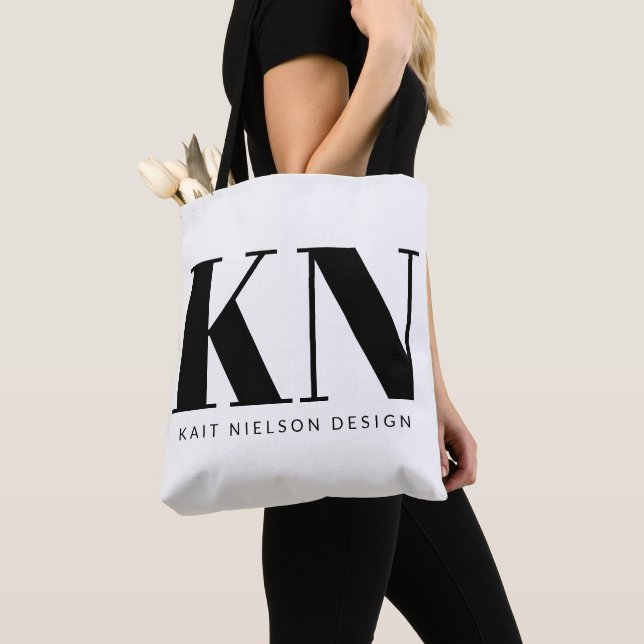 Bold Modern Monogram Name Custom Black White Tote Bag (Close Up)