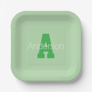 Bold Modern Monogram   Pale & Kelly Green Paper Plate