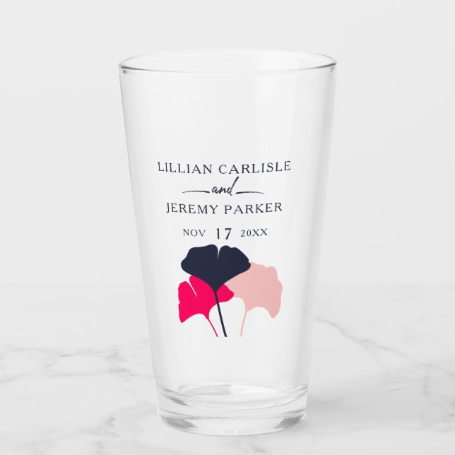 Bold Modern Navy and Pink Ginkgo Leaves Wedding Glass (Front)
