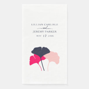 Bold Modern Navy and Pink Ginkgo Leaves Wedding Napkin