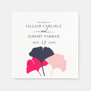 Bold Modern Navy and Pink Ginkgo Leaves Wedding Napkin