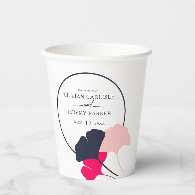 Bold Modern Navy and Pink Ginkgo Leaves Wedding Paper Cups (Front)