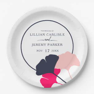 Bold Modern Navy and Pink Ginkgo Leaves Wedding Paper Plate