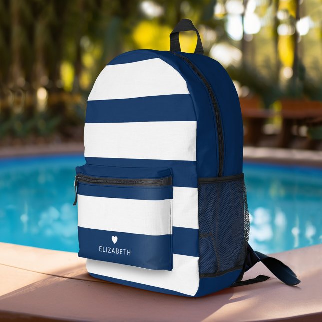 Bold Modern Navy Blue Striped Pattern with Heart Printed Backpack (Personalized Backpack with  Custom Name)