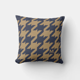 Bold modern navy brown houndstooth with monogram cushion