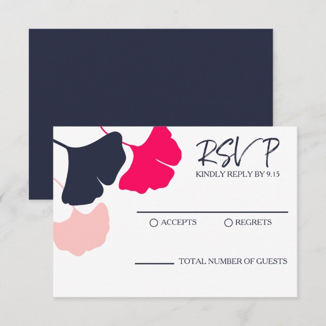 Bold Modern Navy, Pink Ginkgo Leaves Wedding RSVP (Front/Back)