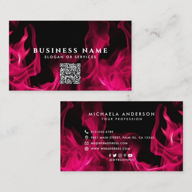 Bold Modern Pink Flames Social Icons Business Card (Front/Back)