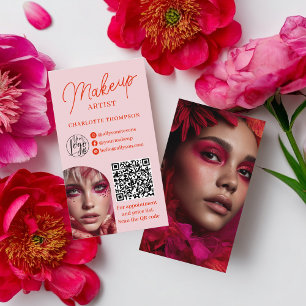 Bold Modern Pink Makeup Artist 2 Photos Qr Code Business Card