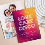 Bold Modern Pink Yellow Gradient Disco Wedding Save The Date<br><div class="desc">Bold Unique Retro Pink Yellow Gradient Wedding Save the Date invitation template with unique typography for "Love,  Cake,  Disco" and custom photo on the back.</div>