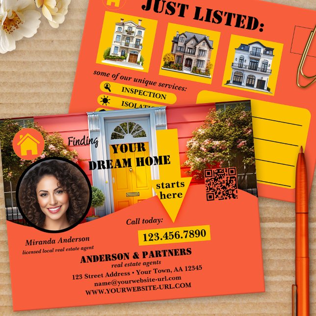 Bold Modern Real Estate Listing Postcard (Marketing postcard for real estate agents featuring a bold modern design with logo and QR code)