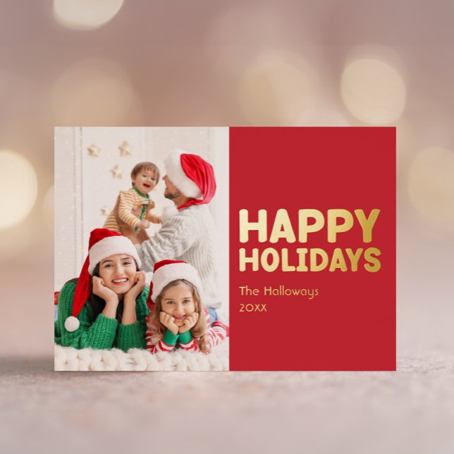 Bold Modern Red One Photo Merry and Bright Gold Foil Holiday Card (Creator Uploaded)