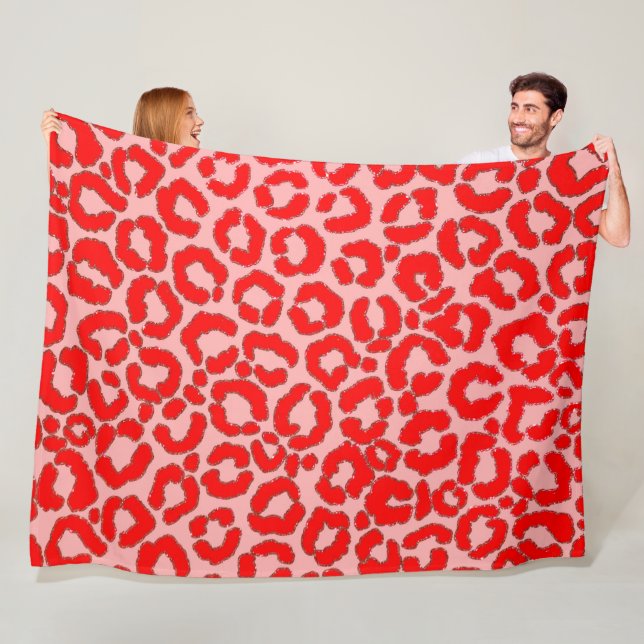 Bold Modern Red Pink Leopard Animal Print Fleece Blanket (In Situ)