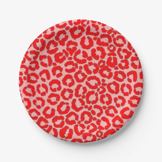 Bold Modern Red Pink Leopard Animal Print Paper Plate (Front)
