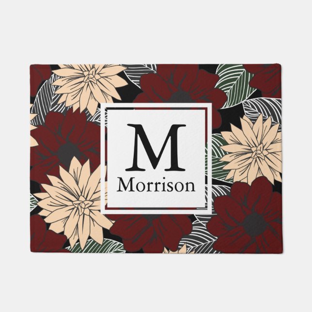 Bold Modern Red Tan Floral Blooms Monogrammed Doormat (Front)